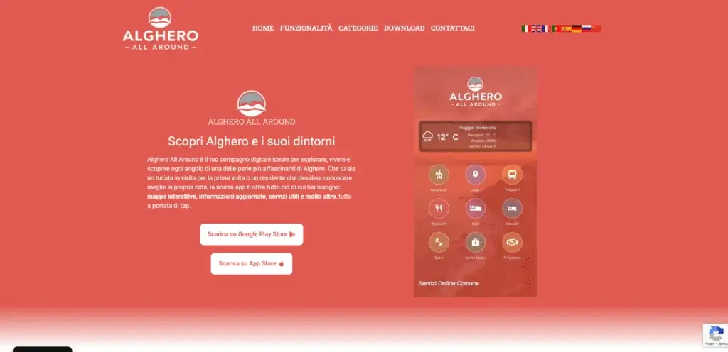 La home del sito di Alghero All Around, con l'app e i servizi della città