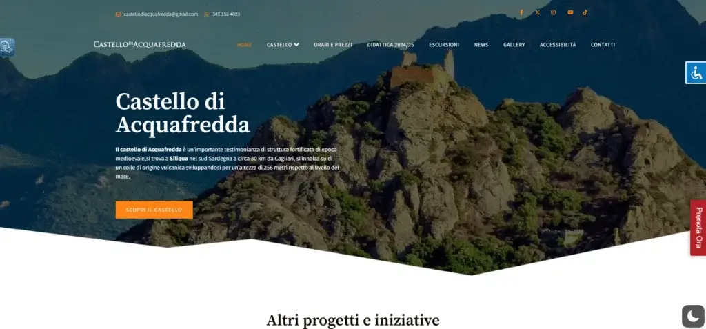 La home del sito del Castello di Acquafredda, con la rocca che domina il paesaggio