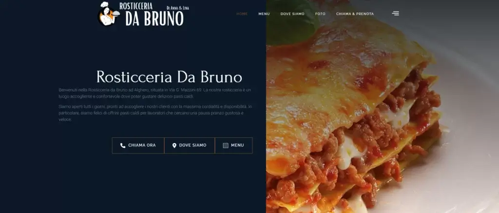 The home page of the Rosticceria da Bruno site, with the menu