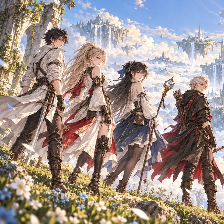 Kael, Lyria, Seren and Orin, the four heroes of Ethernal Drifters, on the rocks above the floating ruins of Asteria
