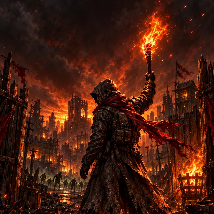 The firekeeper raising the torch before the burning village, among the ruins of the city