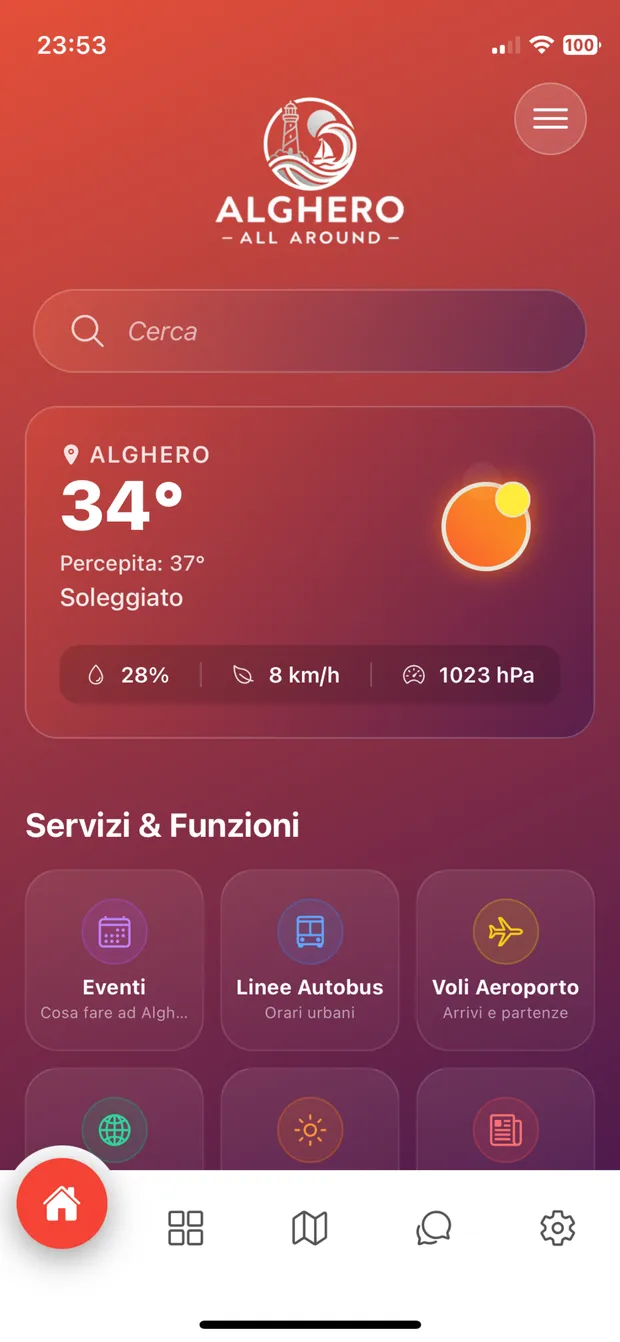 The main screen of Alghero All Around with the weather and the services