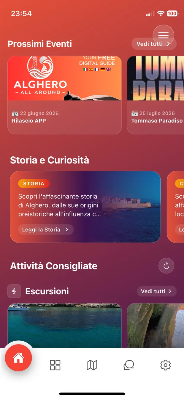 Upcoming events, history and recommended activities in the app