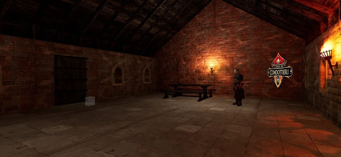 The hall of the castle with the crest of the Gioco dei Condottieri