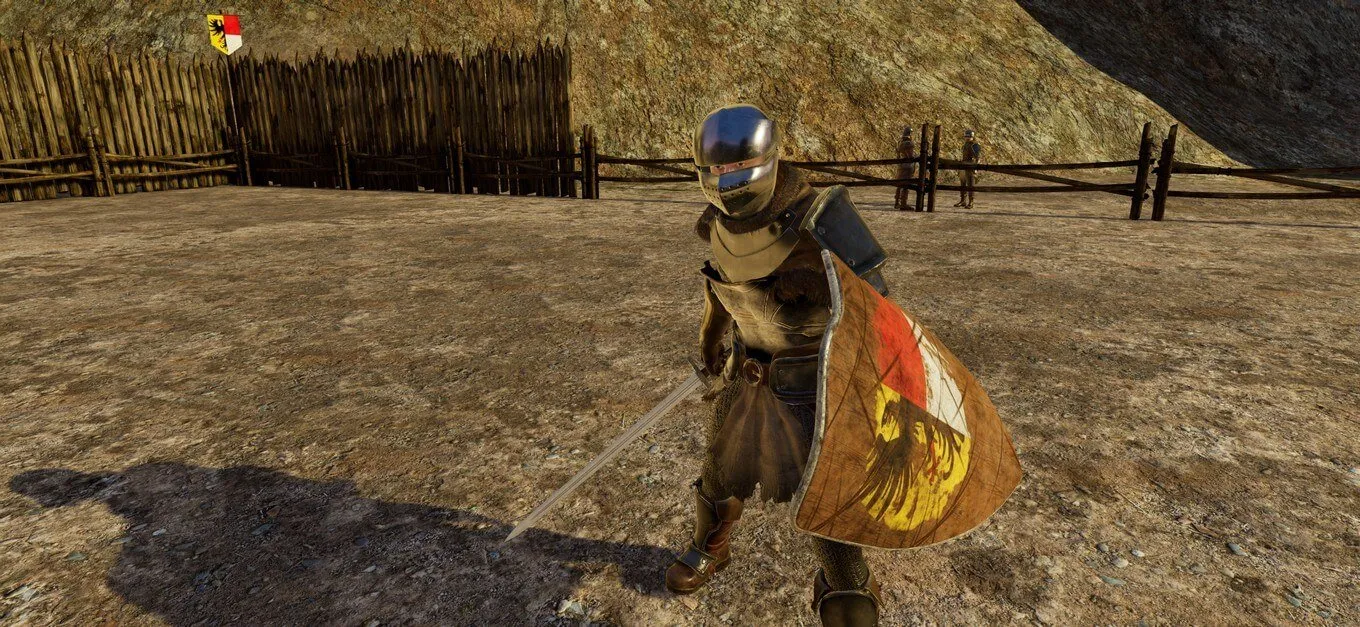 A condottiero with shield and armour in the arena