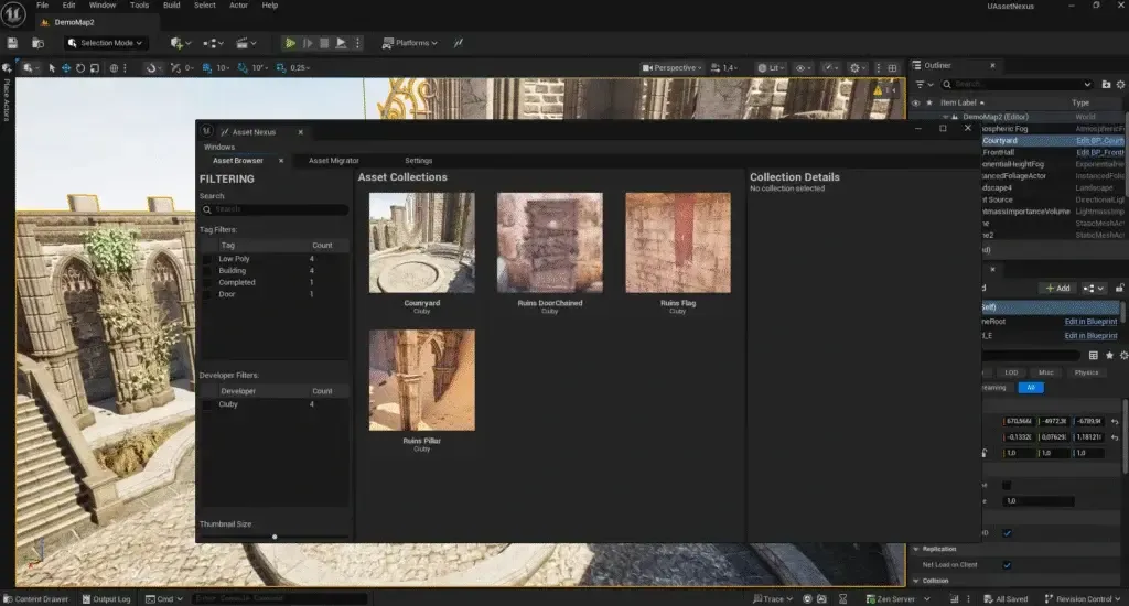 Asset Nexus aperto nell'editor di Unreal Engine