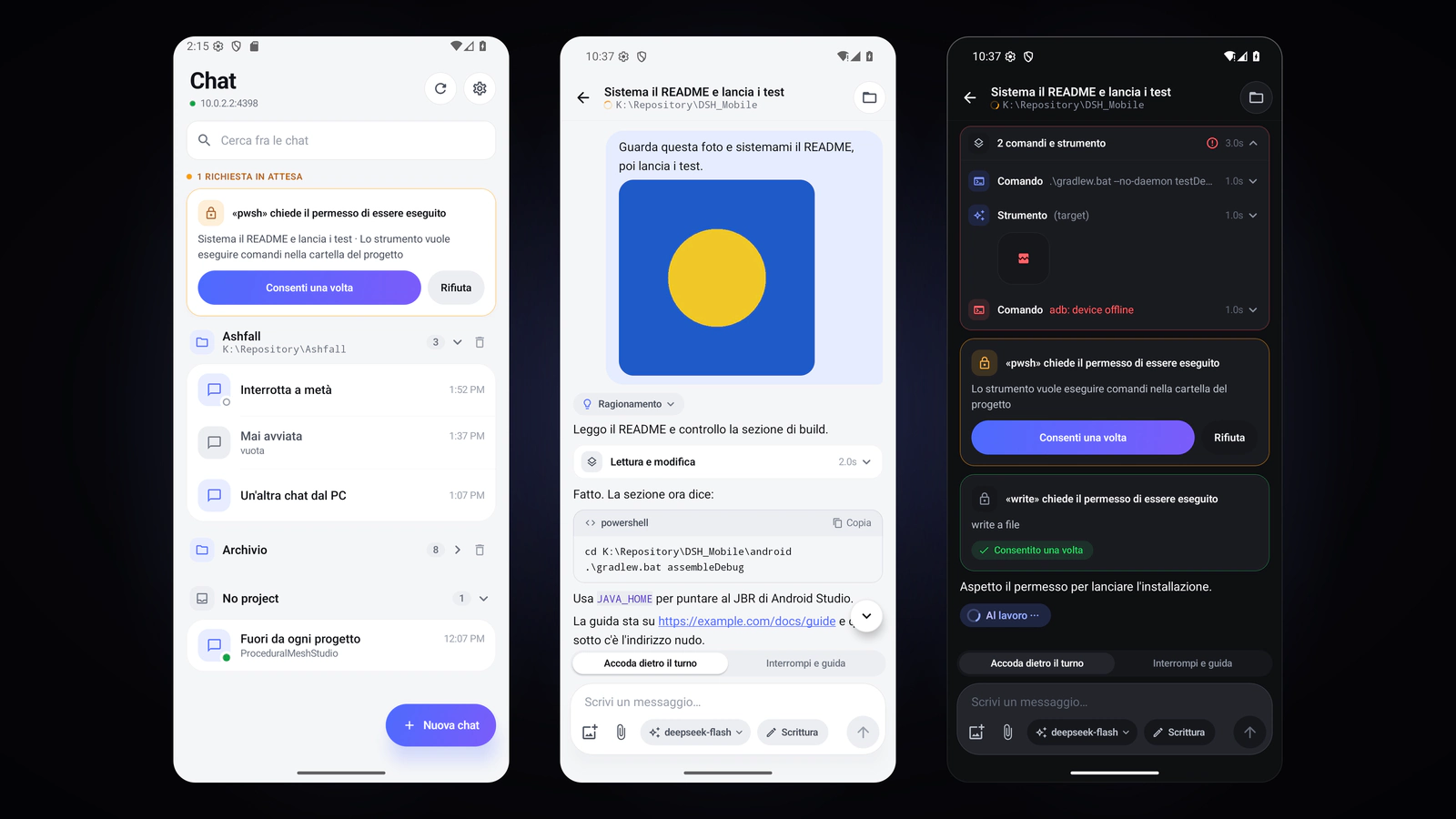 L'app DSH Mobile con l'elenco delle chat e la trascrizione di una conversazione