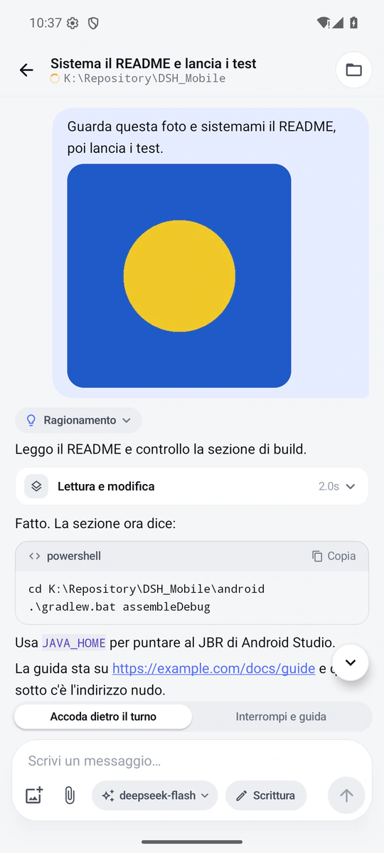 La trascrizione di una chat: la nuvoletta con la foto inviata dal telefono, le card degli strumenti e un blocco di codice