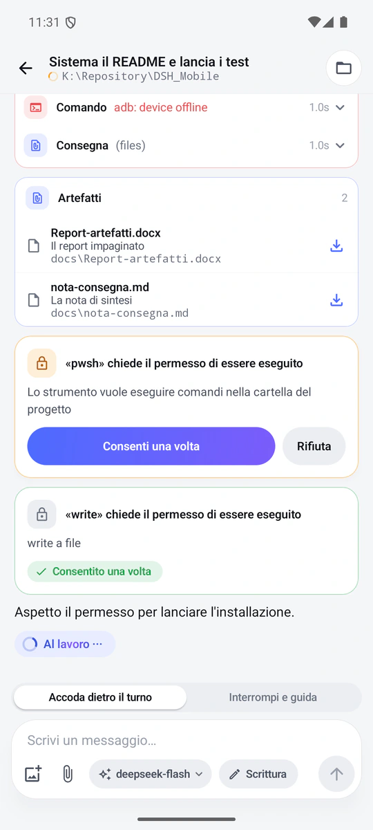 Gli artefatti consegnati da un turno, accanto a una richiesta di permesso in attesa e a una già concessa