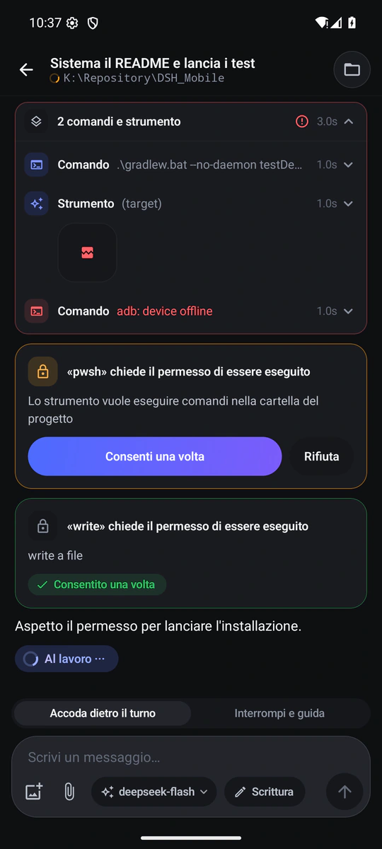 La stessa schermata in tema scuro, con le card degli strumenti e le richieste di permesso