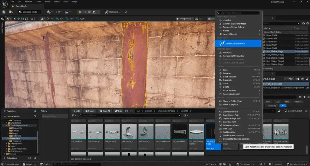 Asset Nexus: la voce «Send to Asset Nexus» nel menu del Content Browser