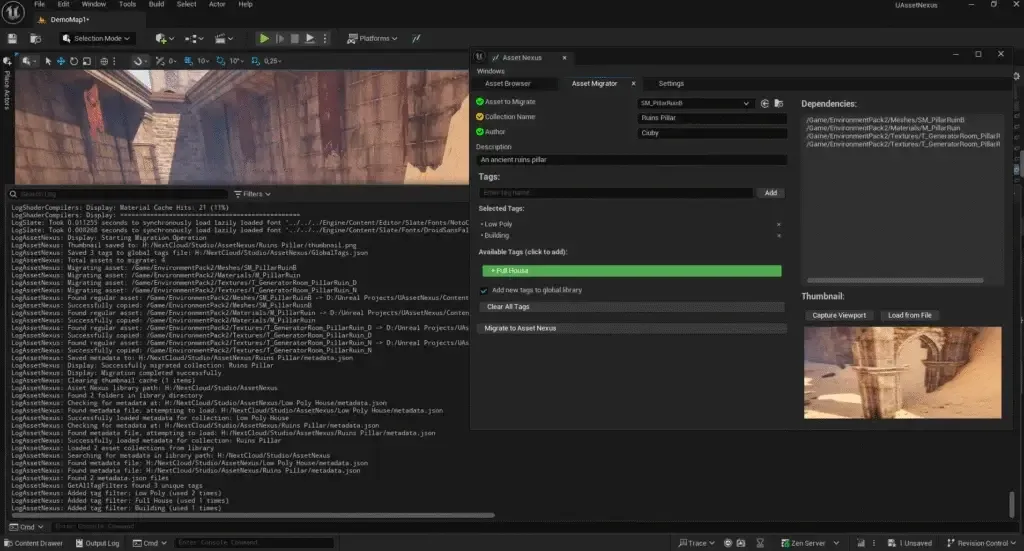 Asset Nexus: la migrazione di una collezione con il log di Unreal Engine