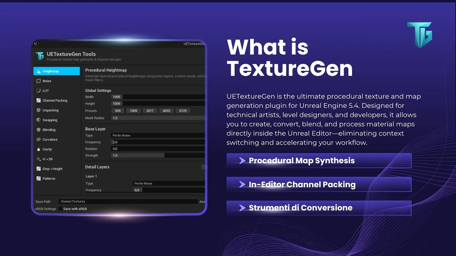 Texture Gen: la finestra degli strumenti con il generatore di heightmap
