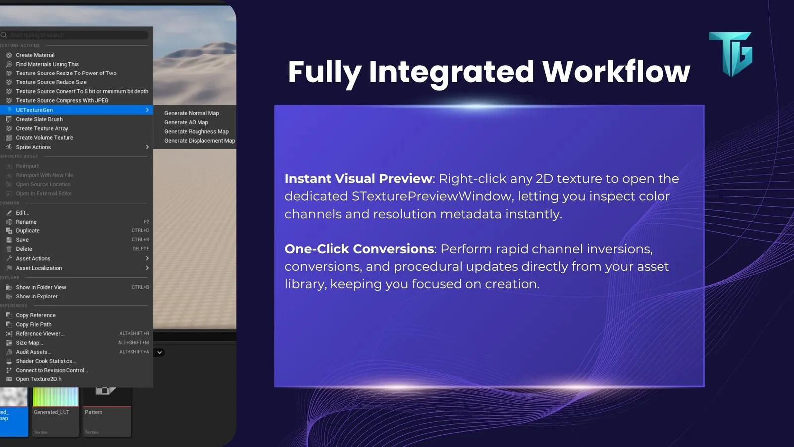 Texture Gen nel menu contestuale del Content Browser di Unreal Engine