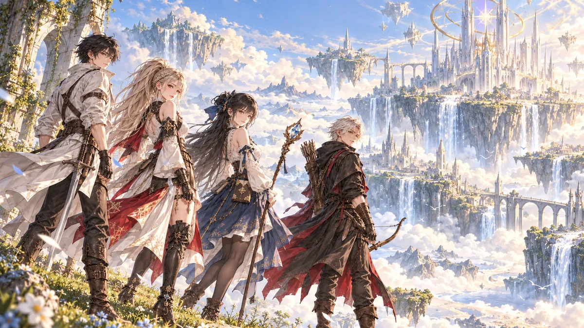 Kael, Lyria, Seren e Orin, i quattro eroi di Ethernal Drifters, davanti alle rovine sospese di Asteria