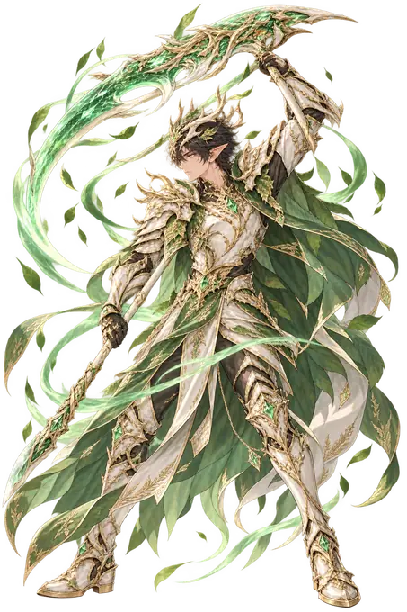 La Verdant Warden, una guardiana in armatura di foglie, con la falce alzata