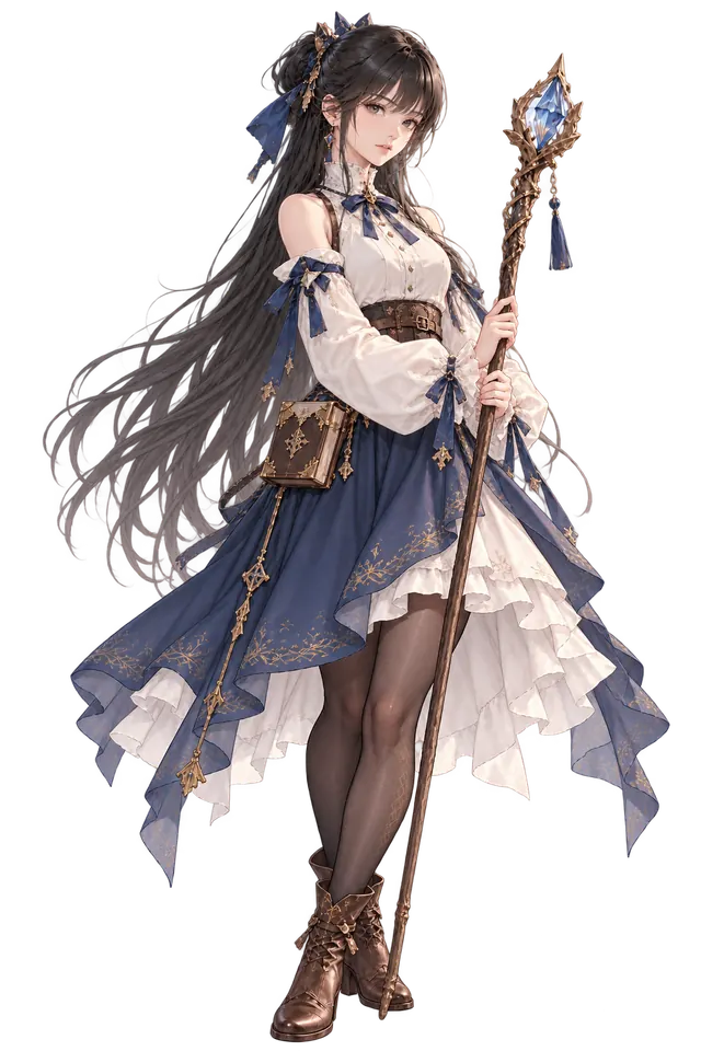 Seren, l'oracolo del ghiaccio: bastone con un cristallo azzurro, gonna blu e blusa bianca