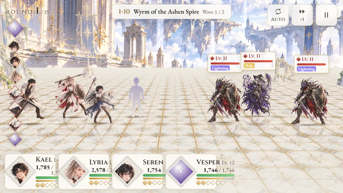 Una battaglia dello stage 1-10, Wyrm of the Ashen Spire: il party a sinistra, i nemici a destra, sotto le carte degli eroi con HP e barre ATB