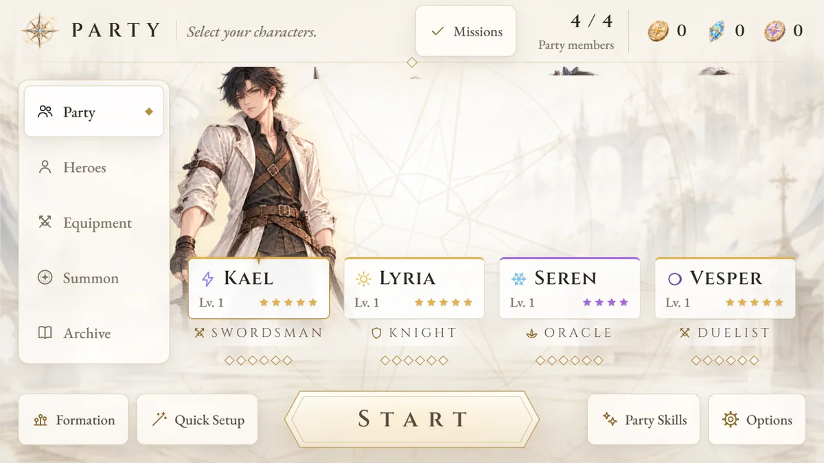 La schermata del party: Kael, Lyria, Seren e Vesper con livello, stelle e classe