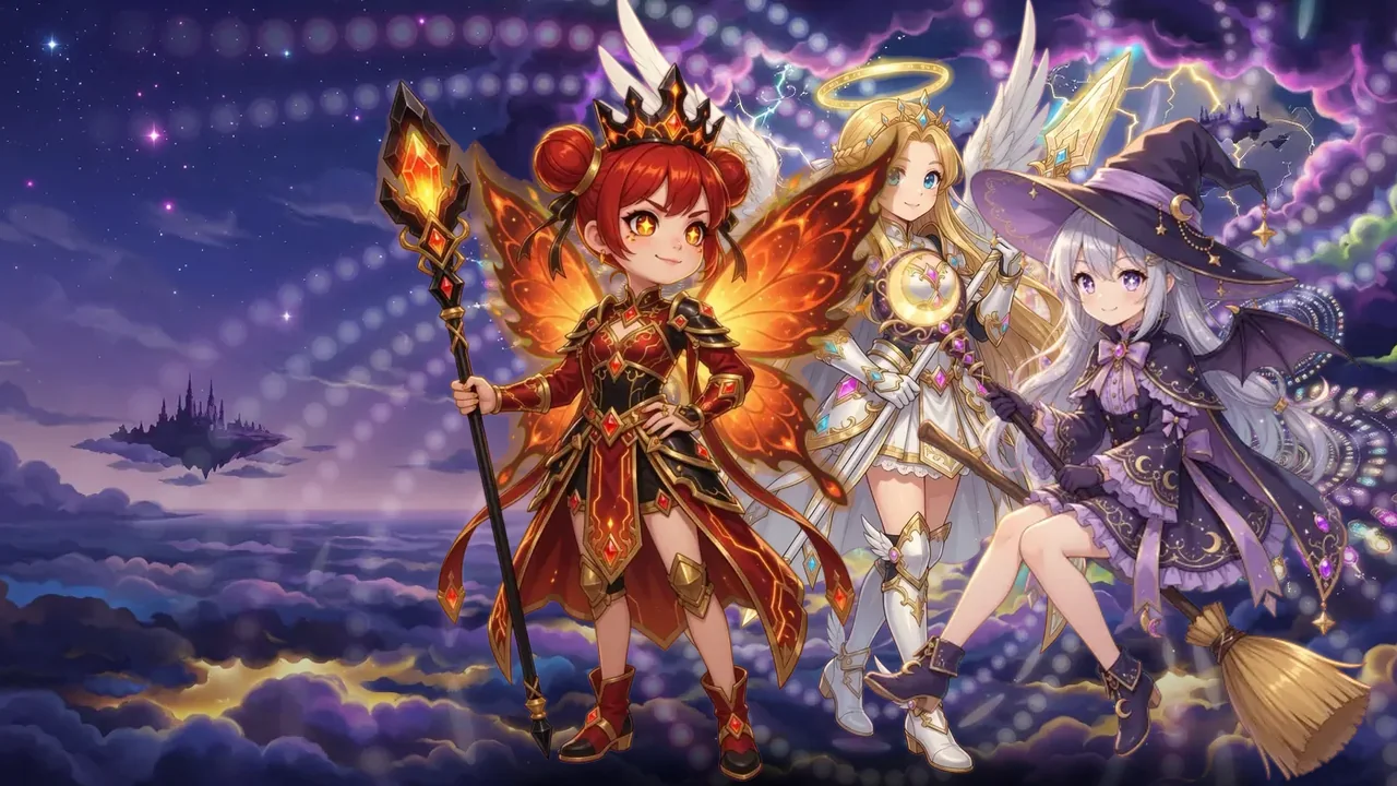 Rubina, Seraphine e Nyx di Tempesta Arcana in volo nella tempesta di proiettili