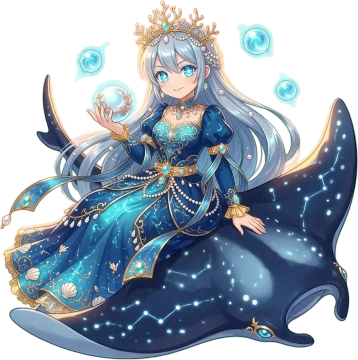 Thalassa, regina dei mari in abito blu stellato, seduta su una manta e con una perla luminosa