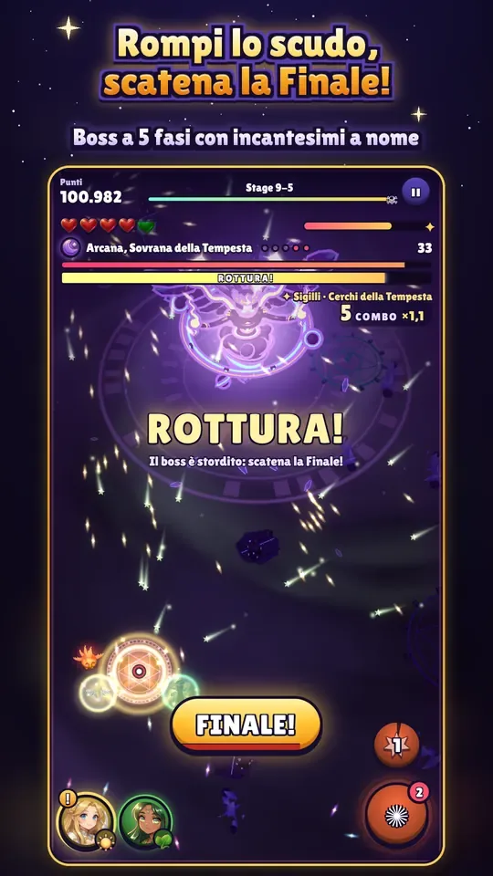 Arcana, Sovrana della Tempesta e boss finale del capitolo 9, è stordita dalla Rottura dello scudo: la squadra può scatenare la Finale